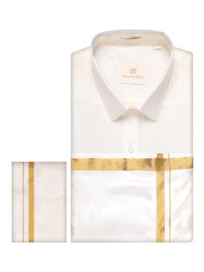 Men's Art Silk Wedding Cream Shirt, Dhoti, Nerial with Belt Combo - Boopalan Cream