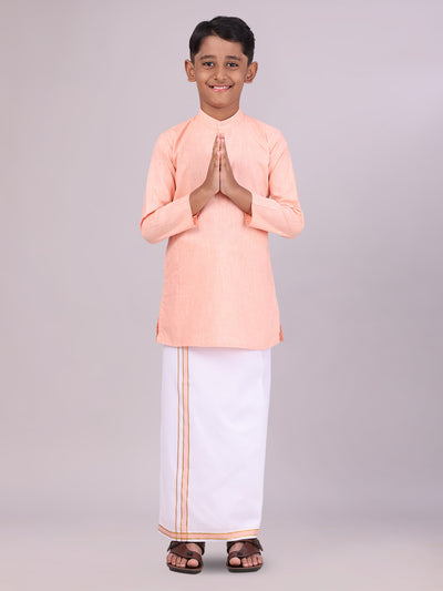 Boys Cotton Peach Kurta with Matching Border Dhoti Combo