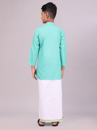 Boys Cotton Mint Blue Kurta with Matching Border Dhoti Combo back pose