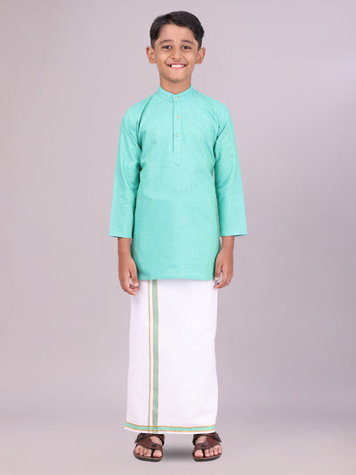 Boys Cotton Mint Blue Kurta with Matching Border Dhoti Combo
