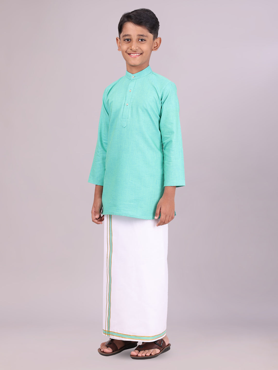 Boys Cotton Mint Blue Kurta with Matching Border Dhoti Combo side pose