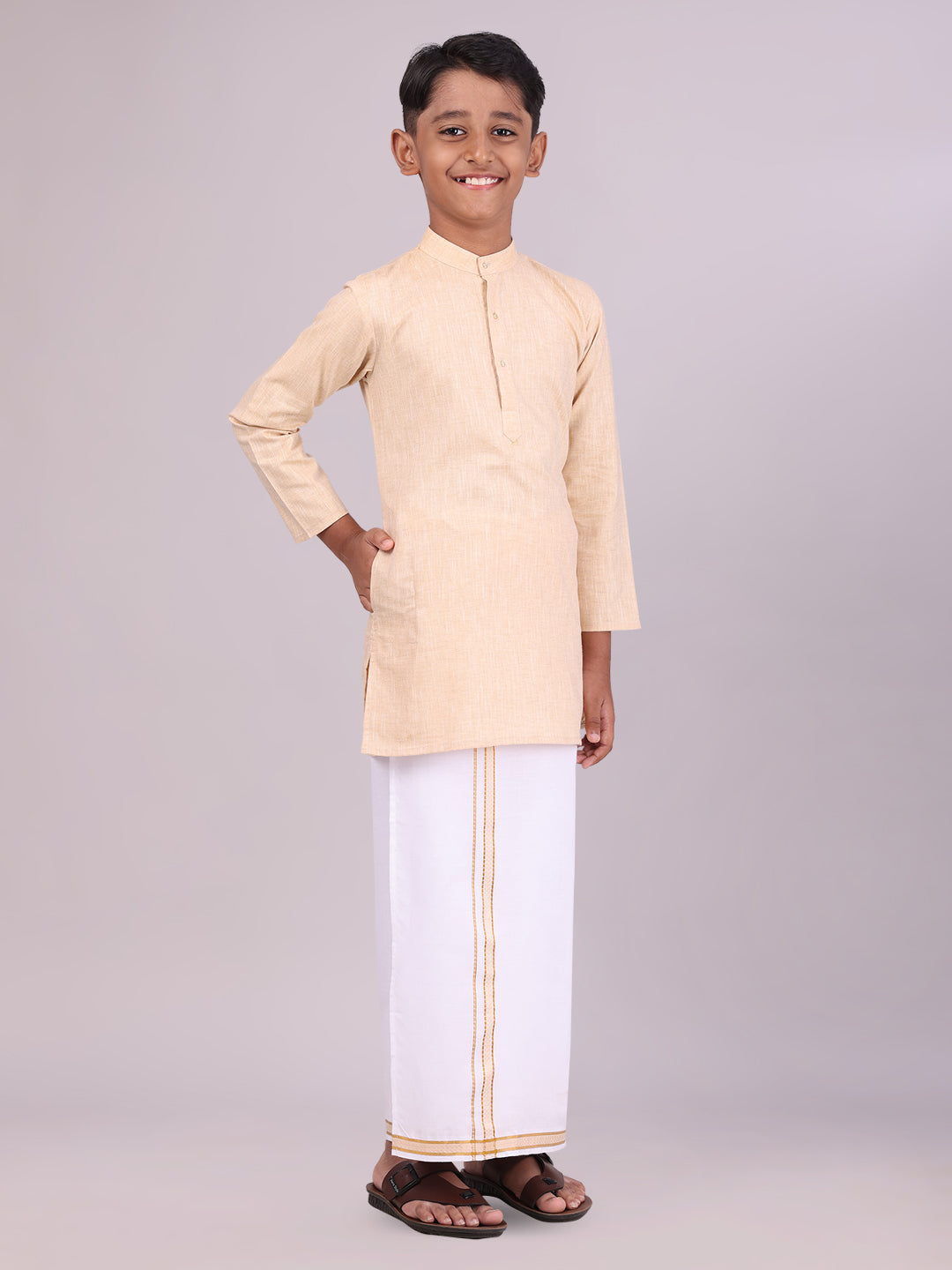 Light Sandal Kids Kurta Dhoti Set Combo side pose