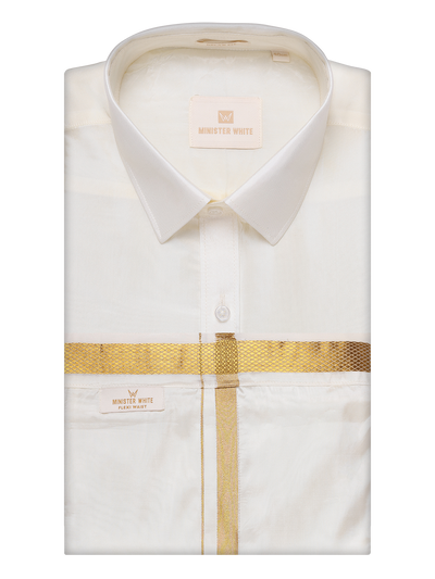Men's Art Silk Cream Wedding Shirt with Flexi Dhoti and Nerial - Blessing Cream 