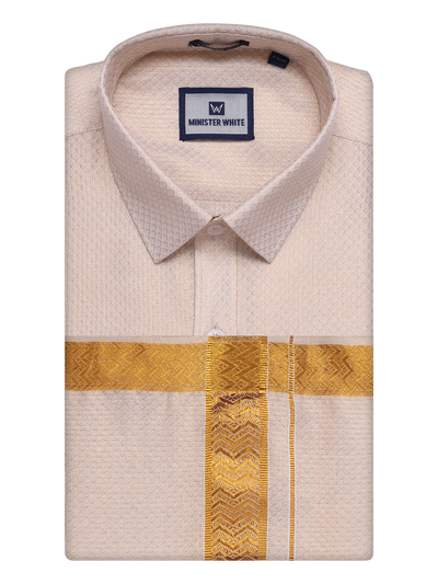 Mens Gold Tissue Jacquard Shirt with Matching Dhoti Combo Zeus by Minister White