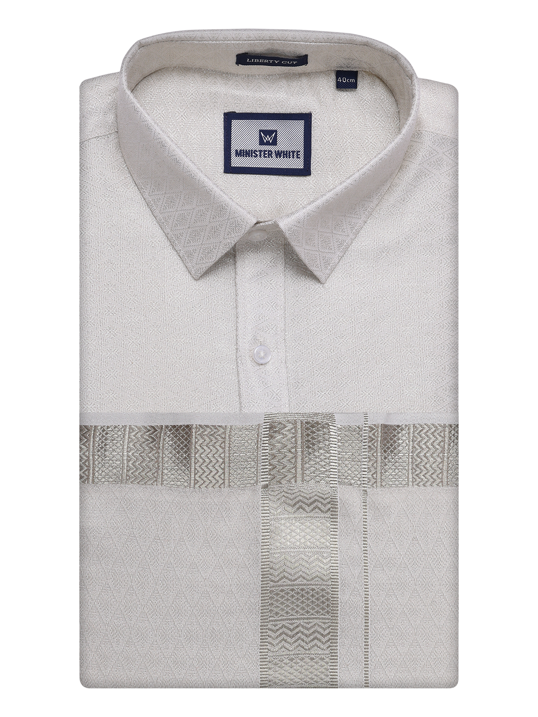 Mens Silver Tissue Jacquard Shirt with Matching Dhoti Combo Zeus by Minister White