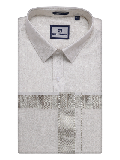 Mens Silver Tissue Jacquard Shirt with Matching Dhoti Combo Zeus by Minister White