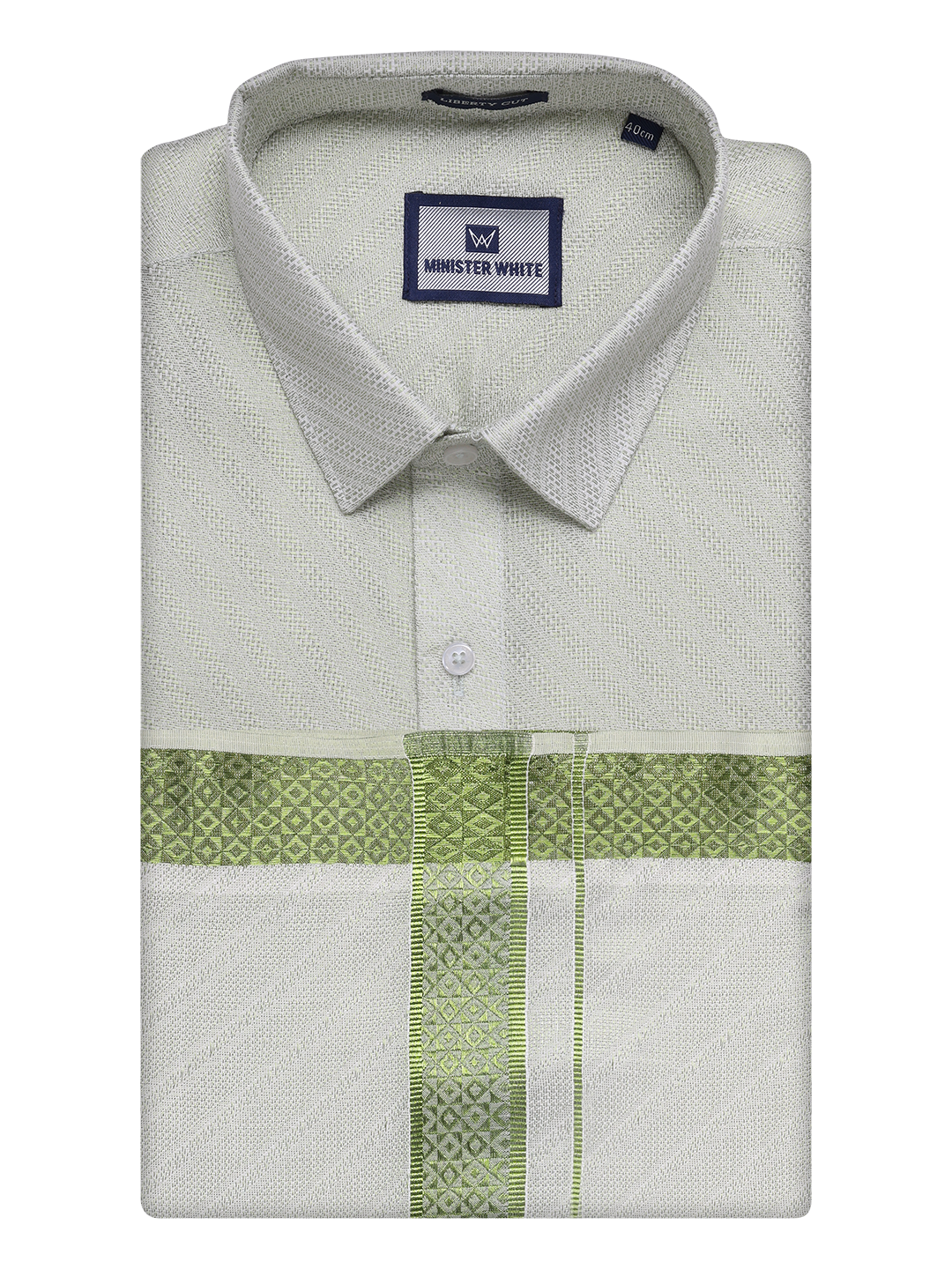 Mens Leaf Green Tissue Jacquard Shirt with Matching Dhoti Combo Zeus by Minister White