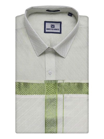 Mens Leaf Green Tissue Jacquard Shirt with Matching Dhoti Combo Zeus by Minister White