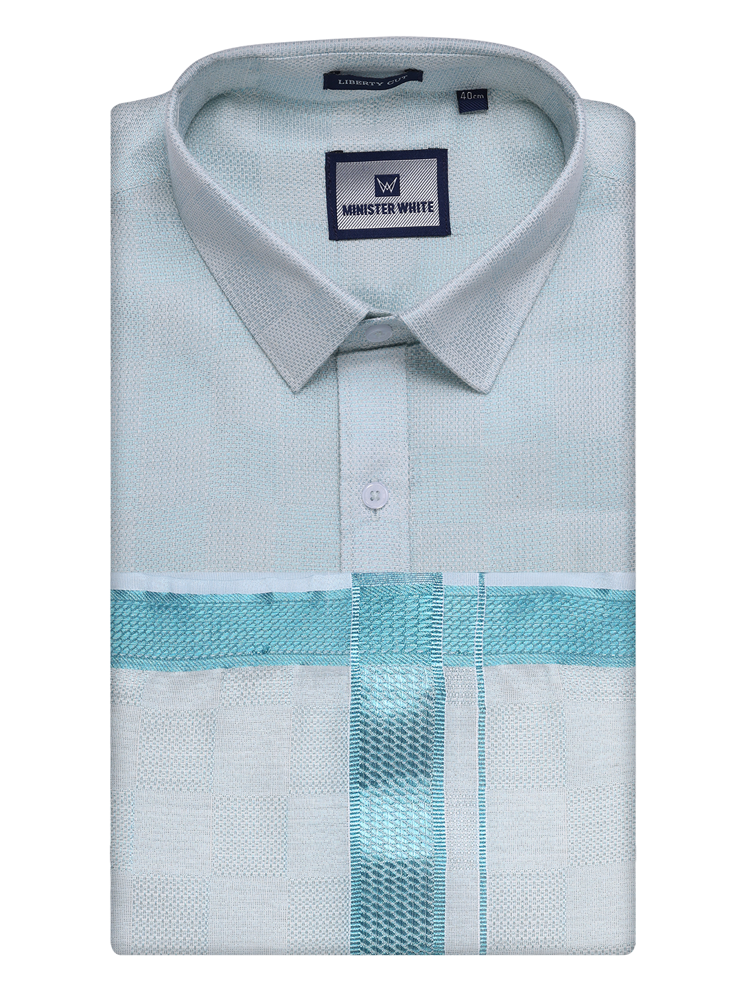 Mens Mint Blue Tissue Jacquard Shirt with Matching Dhoti Combo Zeus by Minister White