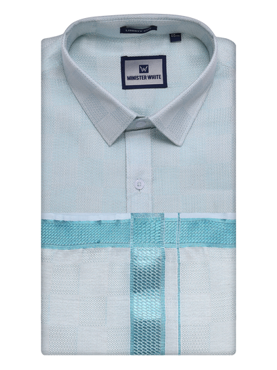 Mens Mint Blue Tissue Jacquard Shirt with Matching Dhoti Combo Zeus by Minister White