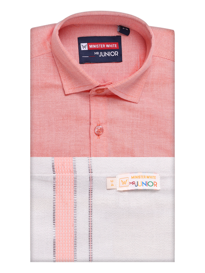 Kids Cotton Peach Shirt with Tissue Matching Border Dhoti Combo