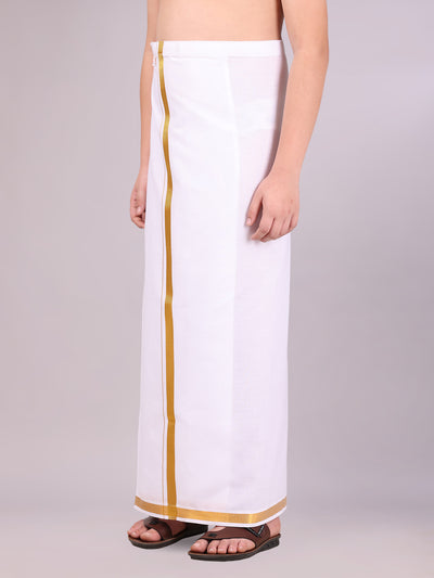 Boys Cotton White Adjustable Dhoti with Gold Jari Border Rich Look side pose