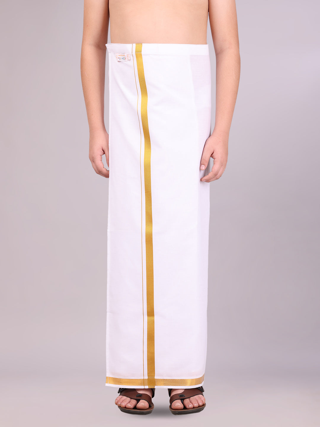 Boys Cotton White Adjustable Dhoti with Gold Jari Border Rich Look