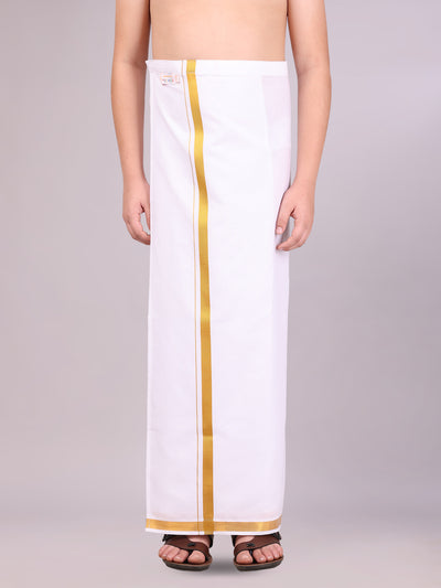 Boys Cotton White Adjustable Dhoti with Gold Jari Border Rich Look