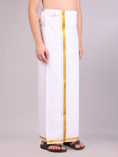 Boys Cotton White Adjustable Dhoti with Gold Jari Border Rich Look side pose