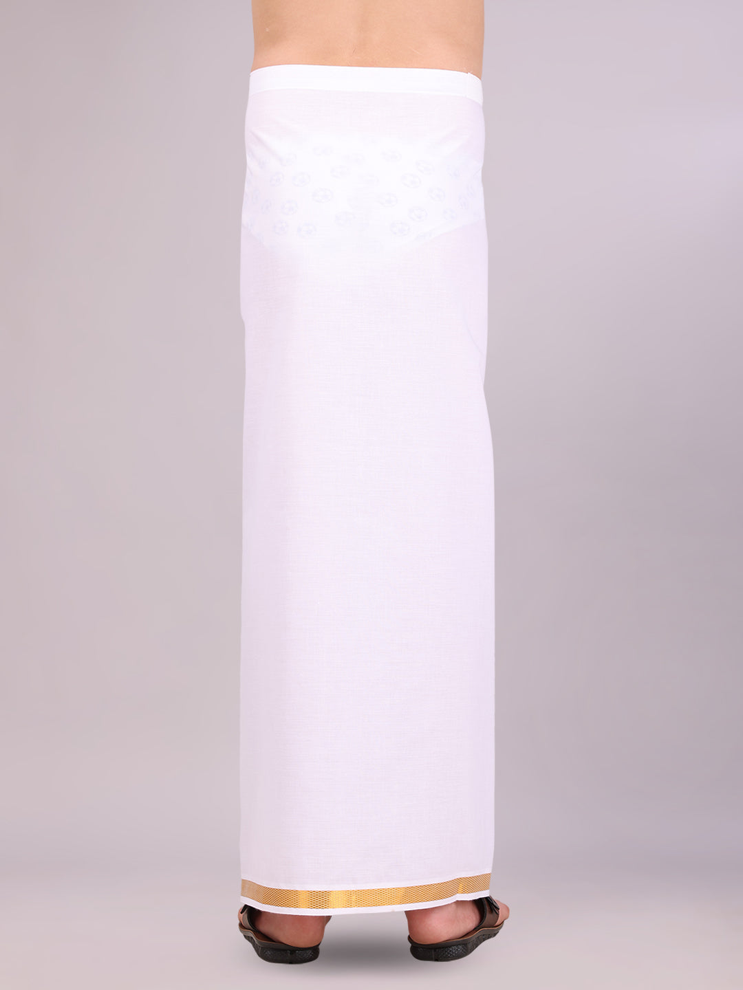 Boys Cotton White Adjustable Dhoti with Gold Jari Border Rich Look back pose