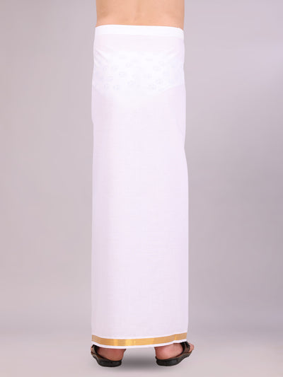 Boys Cotton White Adjustable Dhoti with Gold Jari Border Rich Look back pose