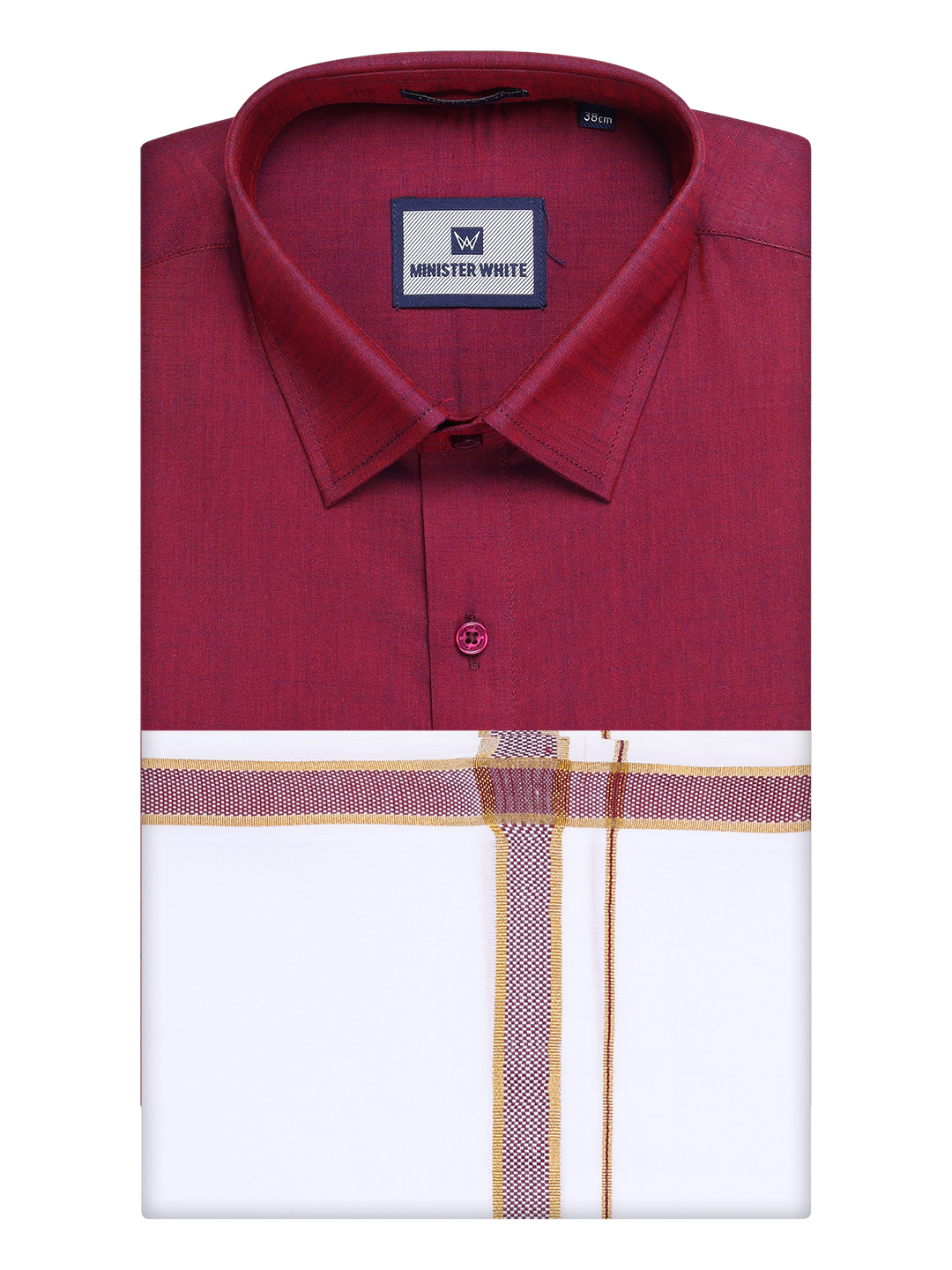 Mens Medium Wine Shirt with Matching Border Dhoti Combo Pinto by Minister White