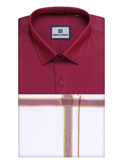 Mens Medium Wine Shirt with Matching Border Dhoti Combo Pinto by Minister White