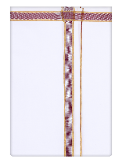 Mens Cotton White Dhoti with Medium Wine Broder by Minister White