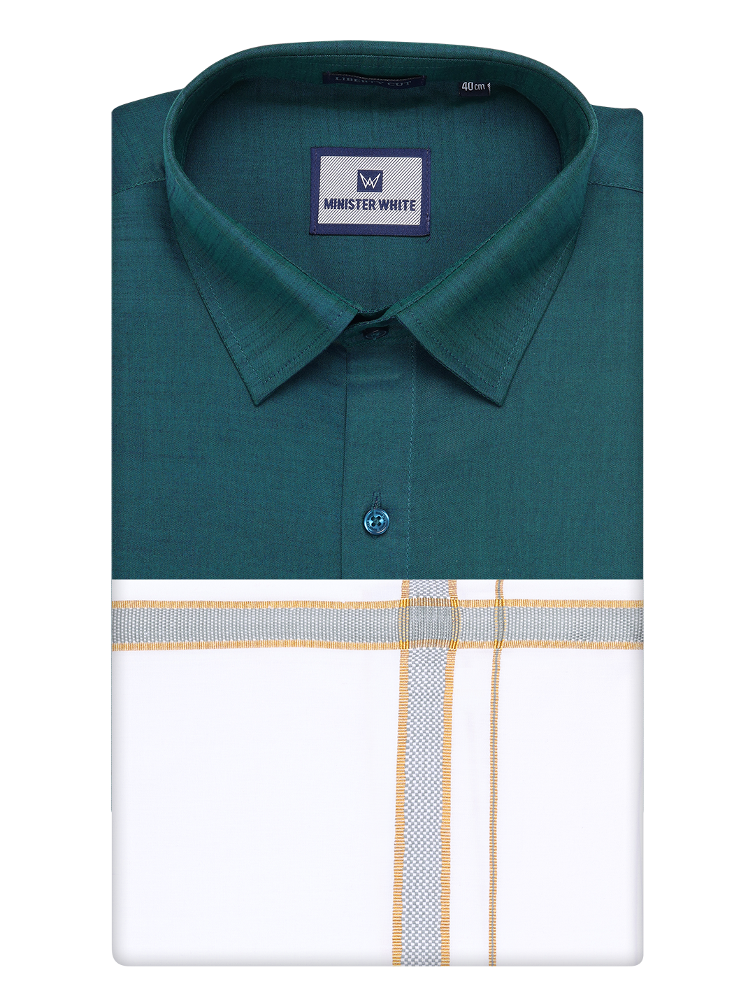 Mens Teal Green Shirt with Matching Border Dhoti Combo Pinto by Minister White
