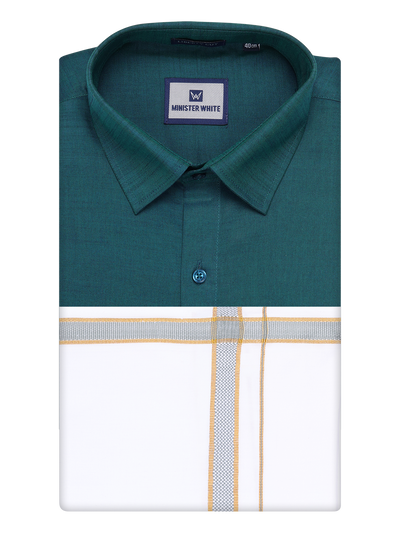 Mens Teal Green Shirt with Matching Border Dhoti Combo Pinto by Minister White