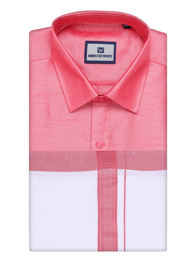 Mens Coral Pink Dupion Satin Shirt with Matching Border Dhoti Combo Gora by Minister White