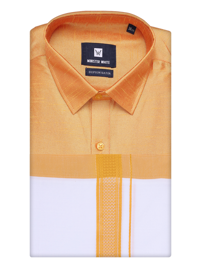 Mens Yellow Dupion Satin Color Shirt with Matching Border Dhoti Combo Gora by Minister White