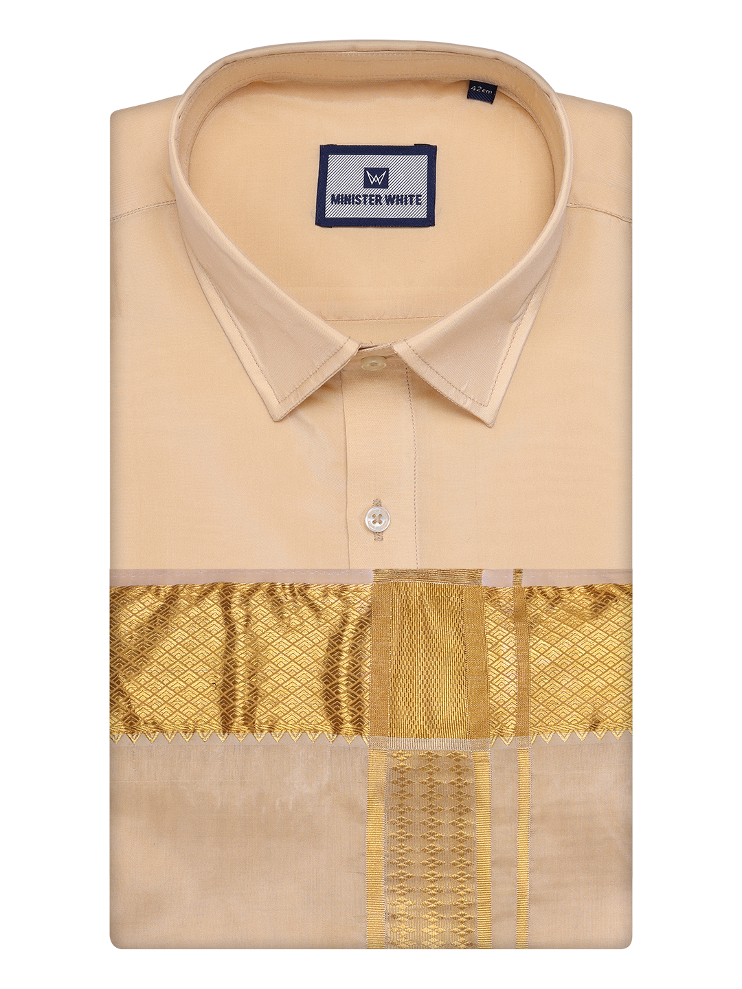 Men's Art Silk Medium Gold Full Sleeves Shirt with 3" Gold Jari Border Dhoti Combo Haldi