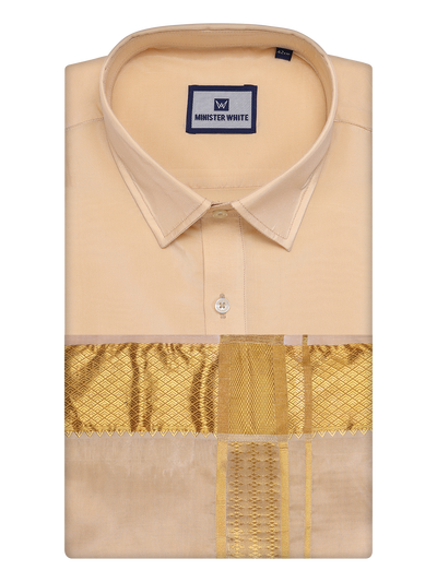 Men's Art Silk Medium Gold Full Sleeves Shirt with 3" Gold Jari Border Dhoti Combo Haldi