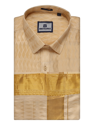 Men's Art Silk Medium Gold Full Sleeves Shirt with 3" Gold Jari Border Dhoti Combo Neogen