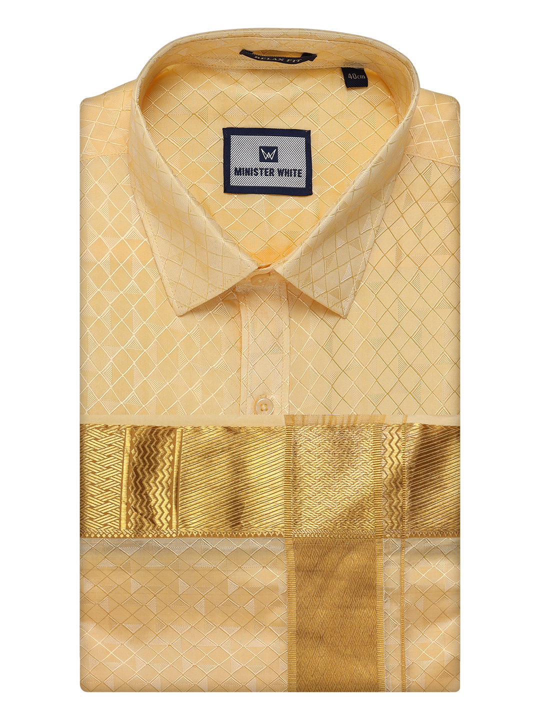 Mens Art Silk Light Gold Full Sleeves Shirt with 3" Gold Jari Border Dhoti Combo Neogen by Minister 