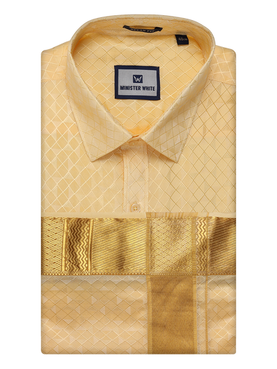 Mens Art Silk Light Gold Full Sleeves Shirt with 3" Gold Jari Border Dhoti Combo Neogen by Minister 
