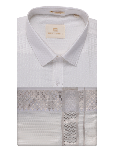 Mens Art Silk Half White Full Sleeves Shirt with 2 1/2" Silver Jari Border Dhoti Combo Neogen by Minister White