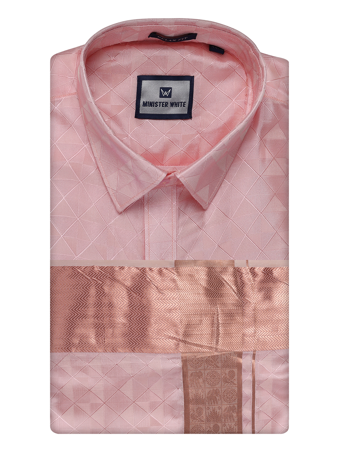 Mens Art Silk Pink Full Sleeves Shirt with 3 1/2" Copper Jari Border Dhoti Combo Neogen by Minister White