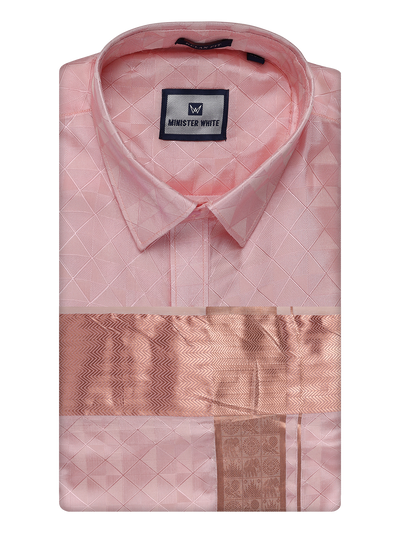 Mens Art Silk Pink Full Sleeves Shirt with 3 1/2" Copper Jari Border Dhoti Combo Neogen by Minister White