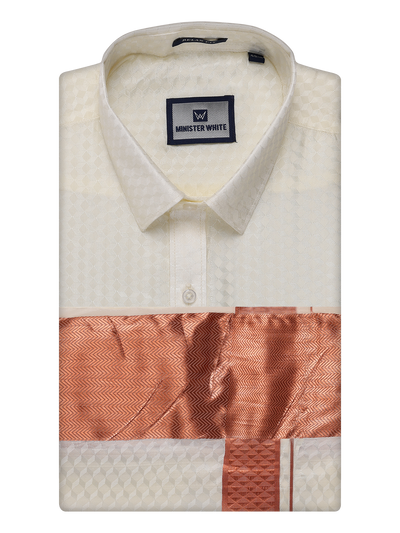 Mens Art Silk Cream Full Sleeves Shirt with 4" Copper Jari Border Dhoti Combo Neogen by Minister White