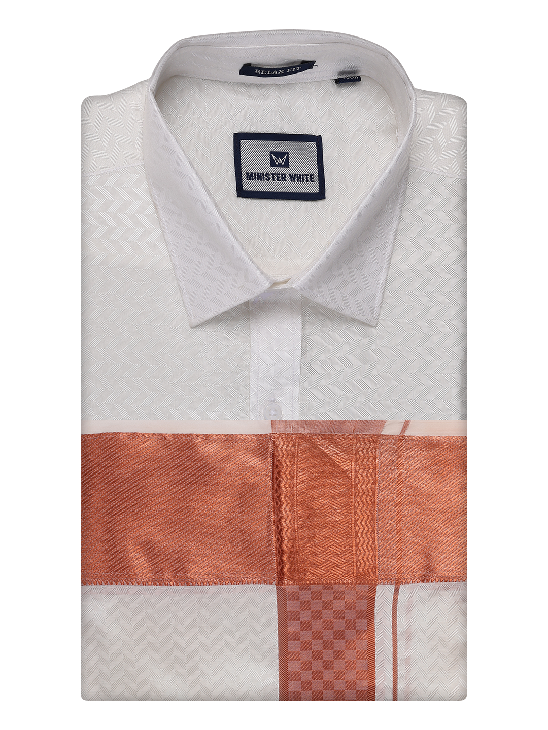 Mens Art Silk Half White Full Sleeves Shirt with 4" Copper Jari Border Dhoti Combo Neogen by Minister White