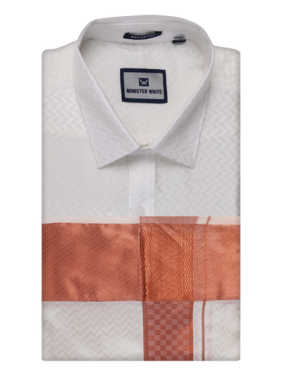 Mens Art Silk Half White Full Sleeves Shirt with 4" Copper Jari Border Dhoti Combo Neogen by Minister White