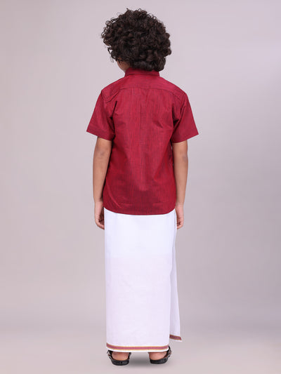 Maroon Colour Cotton Shirt with Matching Border Dhoti Combo for men back pose