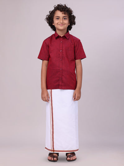 Boys Matching Maroon Half Sleeves Shirt with Flexi Dhoti Combo