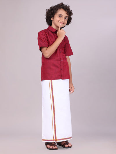 Maroon Colour Cotton Shirt with Matching Border Dhoti Combo for boys