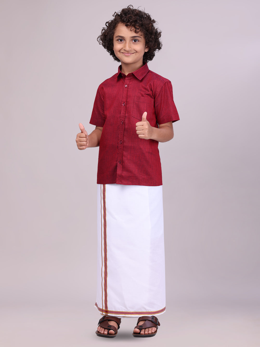 Maroon Colour Cotton Shirt with Matching Border Dhoti Combo for boys side pose