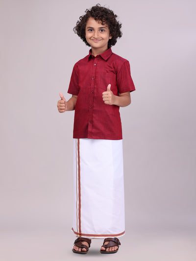 Maroon Colour Cotton Shirt with Matching Border Dhoti Combo for boys side pose