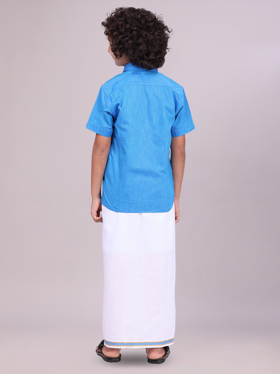 Son Blue Colour Cotton Shirt with Matching Border Dhoti Combo back pose