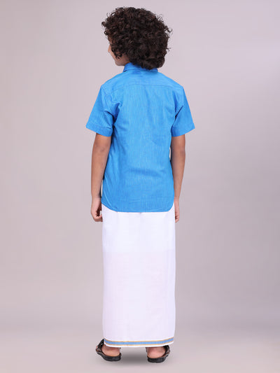 Son Blue Colour Cotton Shirt with Matching Border Dhoti Combo back pose