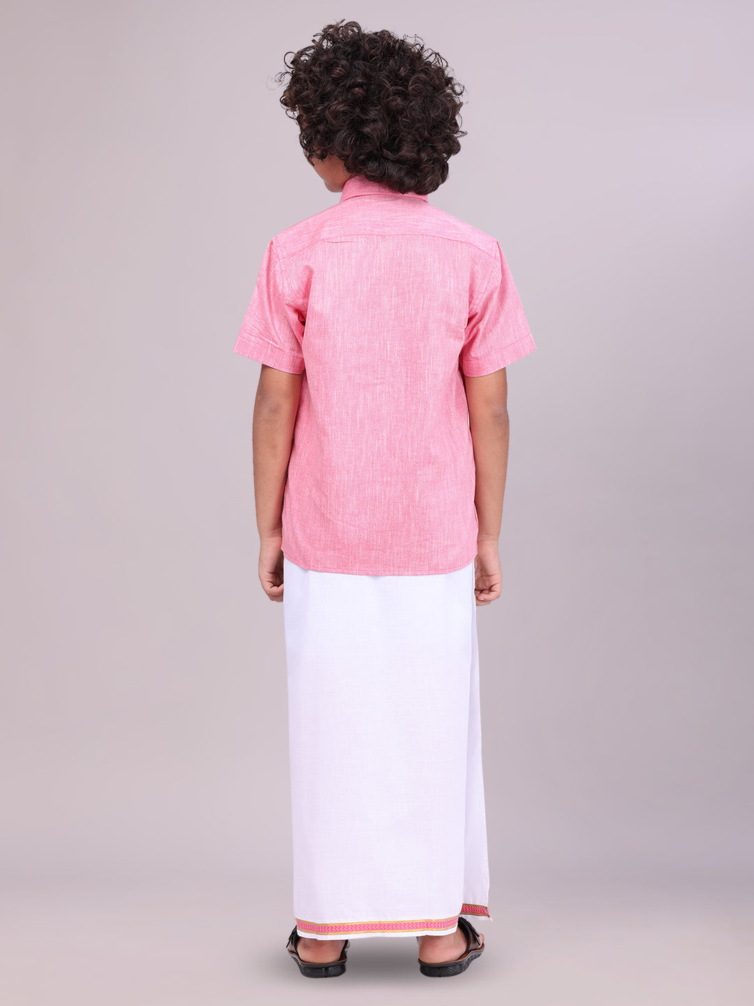 Pink Colour Cotton Shirt with Matching Border Dhoti Combo for boys back pose