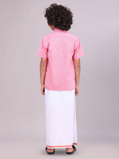 Boys Matching Pink Half Sleeves Shirt with Flexi Dhoti Combo back pose
