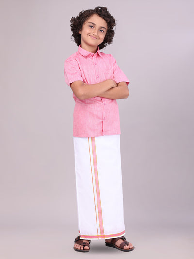 Boys Matching Pink Half Sleeves Shirt with Flexi Dhoti Combo front pose