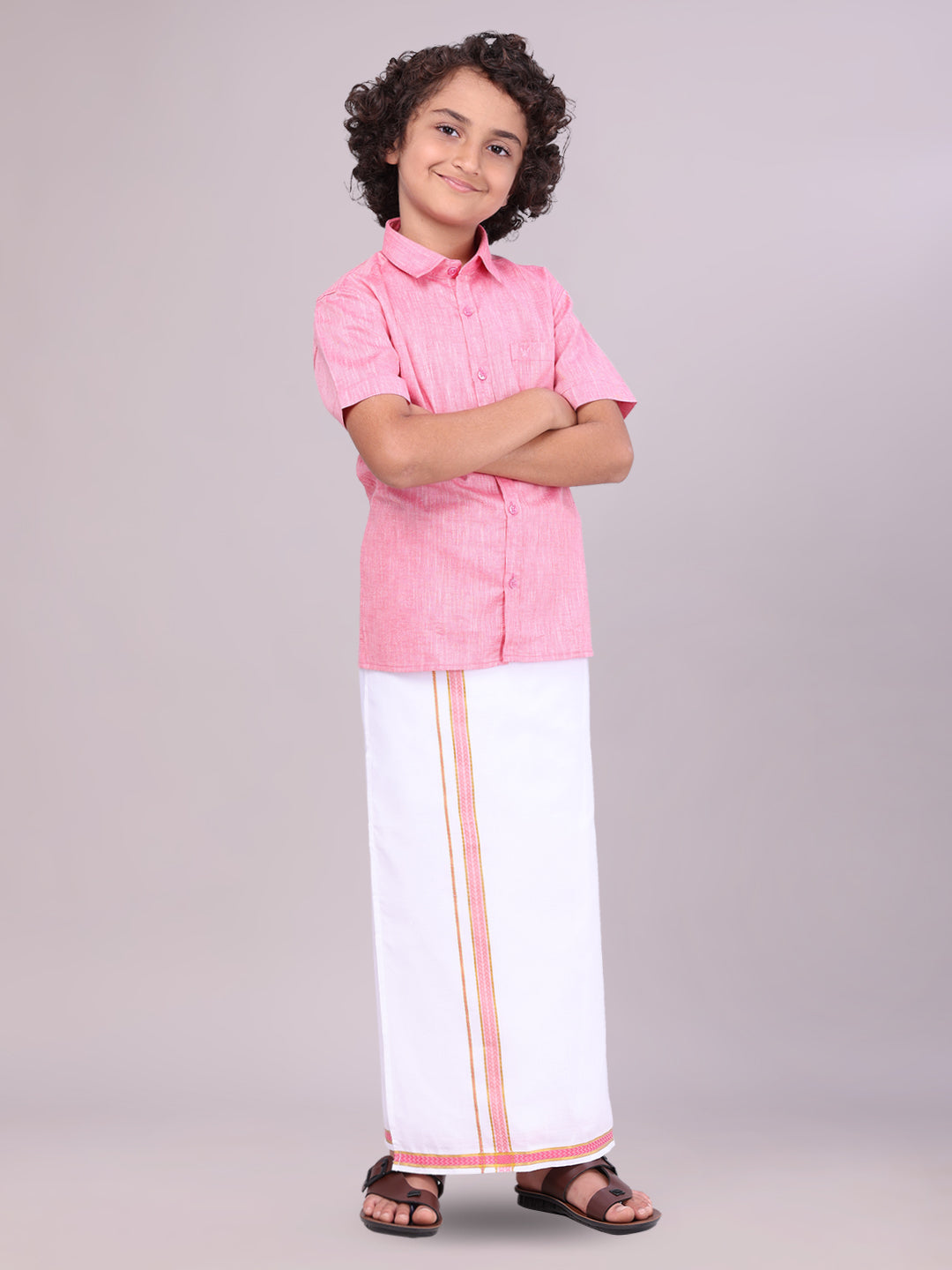 Pink Colour Cotton Shirt with Matching Border Dhoti Combo for boys